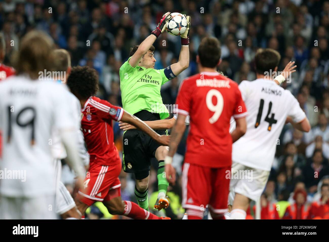 Iker Casillas of Real Madrid CF makes a save during the UEFA Champions League 2013/2014 football match semi final, first leg between Real Madrid and Bayern Munich on April 23, 2014 at Santiago Bernabeu stadium in Madrid, Spain. Photo Manuel Blondeau / AOP Press / DPPI Stock Photo