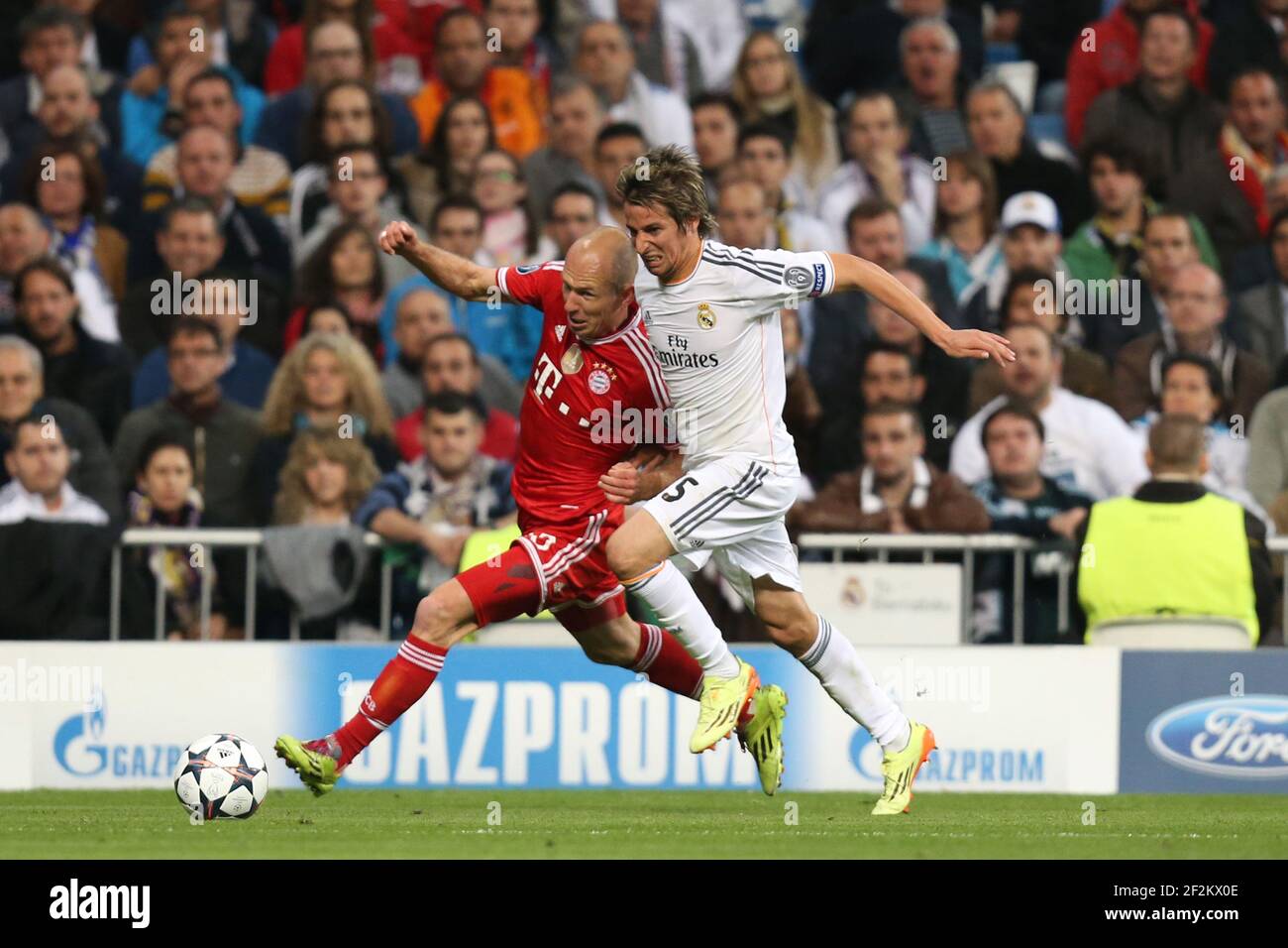 Arjen Robben of FC Bayern Munich duels for the ball with Fabio Coentrao of Real Madrid CF during the UEFA Champions League 2013/2014 football match semi final, first leg between Real Madrid and Bayern Munich on April 23, 2014 at Santiago Bernabeu stadium in Madrid, Spain. Photo Manuel Blondeau / AOP Press / DPPI Stock Photo