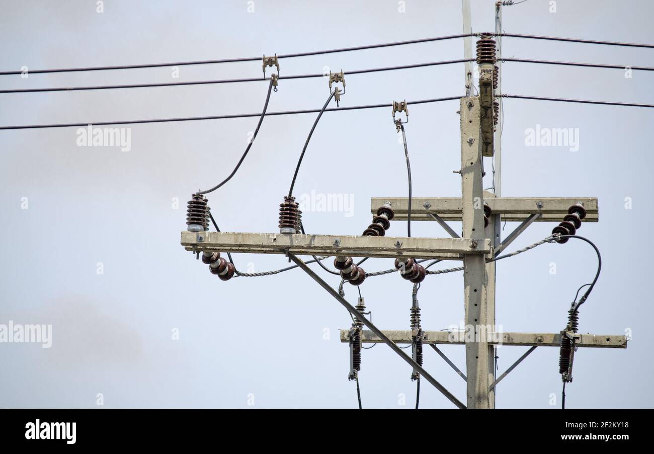 The electrical insulators set, cable laying work. Transmission lines Stock Photo Alamy
