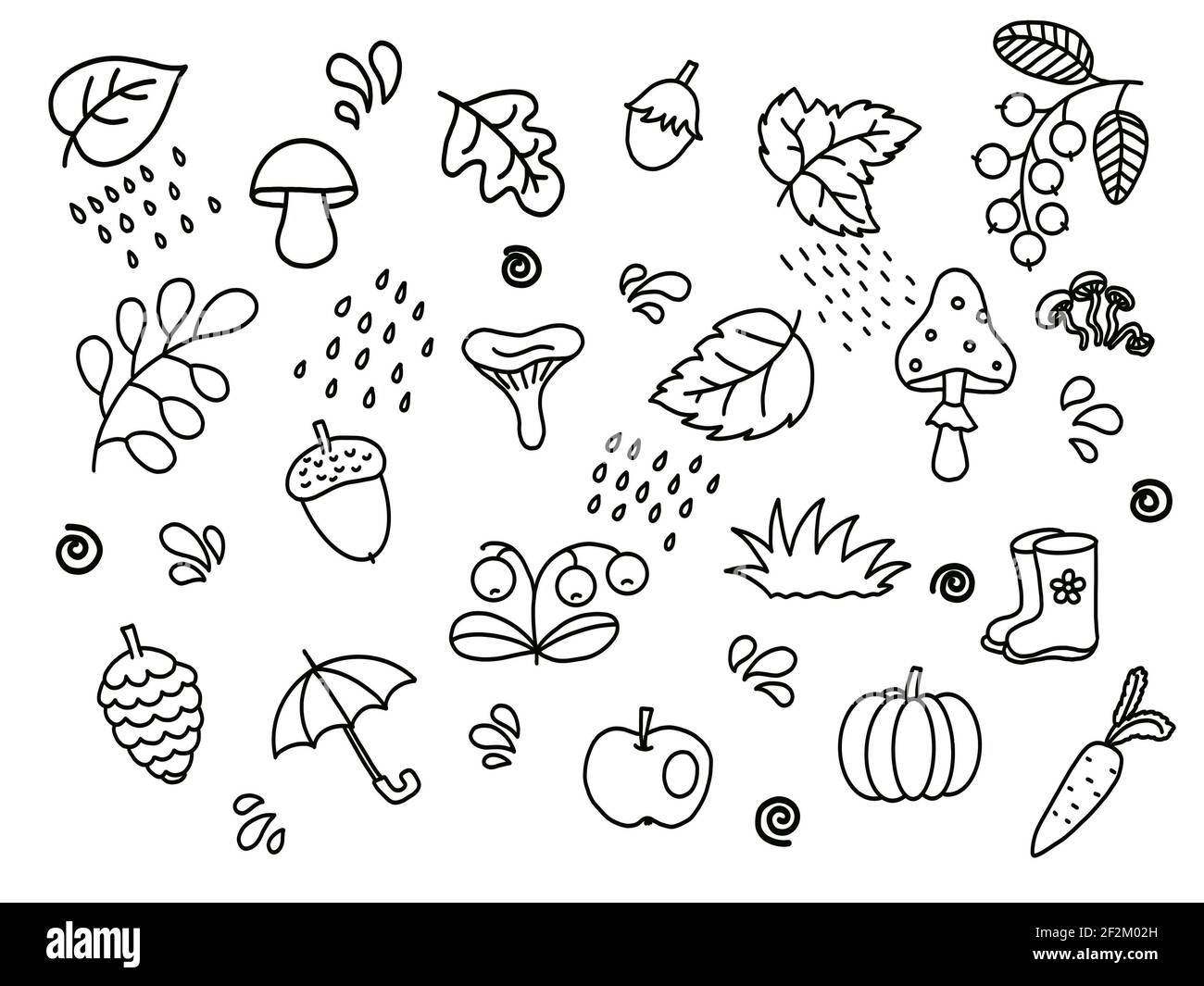 The autumn doodles on a white background leave mushrooms berries pumpkin nuts carrots boots umbrella Stock Photo