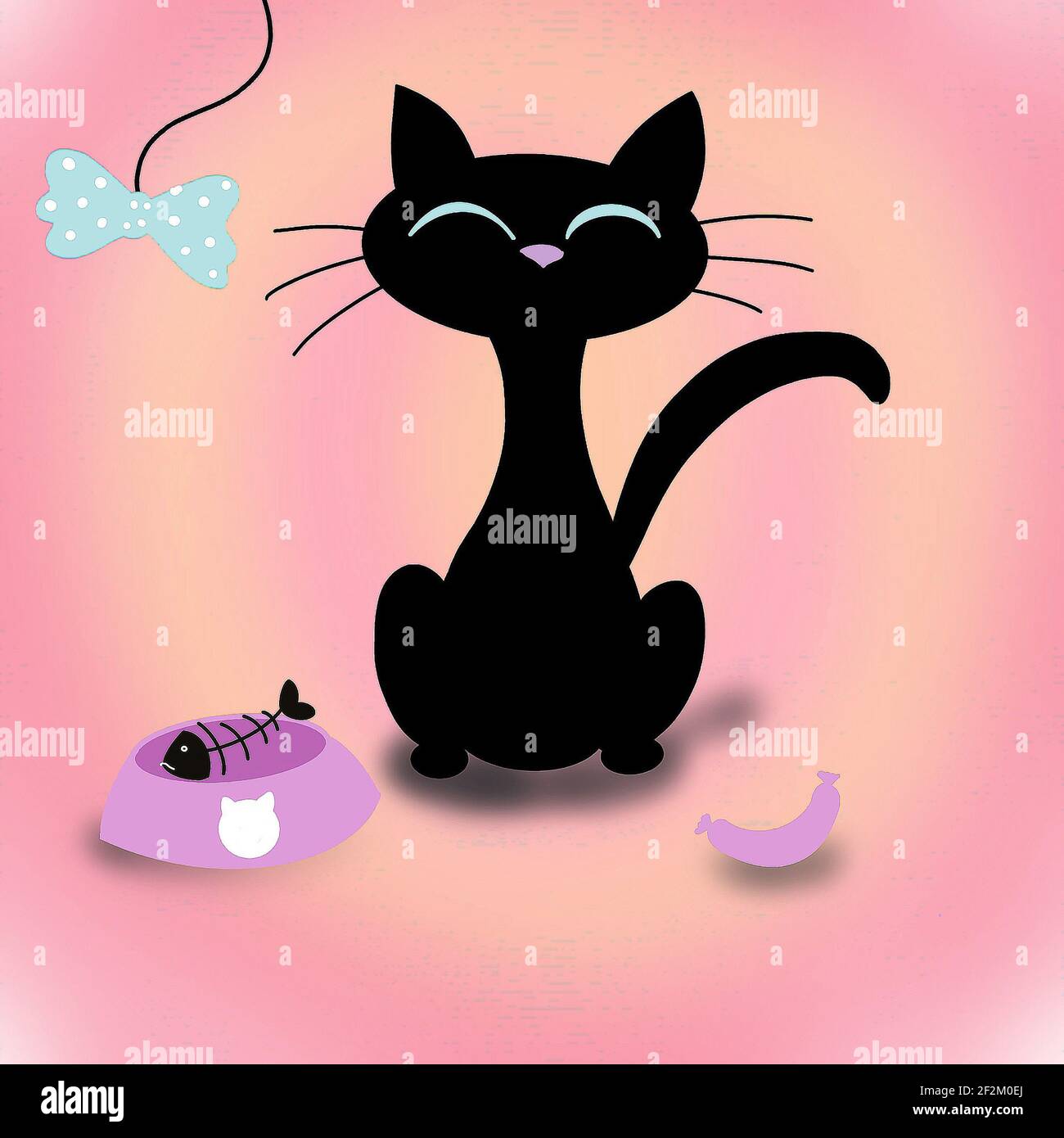 A black cat sits happy, ate a fish next to sausage and a bow for the ...