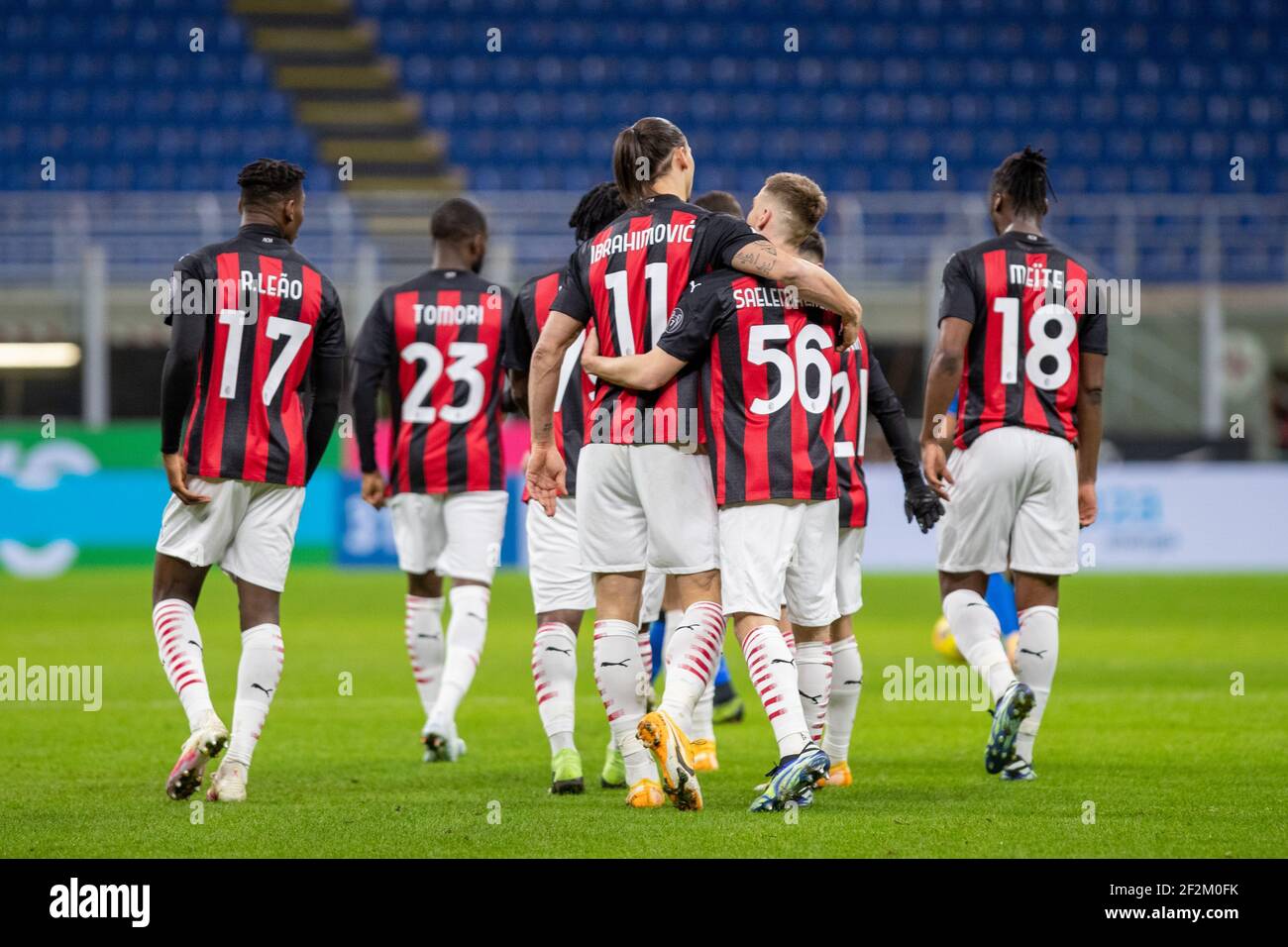 Team AC Milan celebrate goal during the Italian cup, Coppa Italia, quarter  final football match between FC Internazionale and AC Milan on January 26,  2021 at Giuseppe Meazza stadium in Milan, Italy -