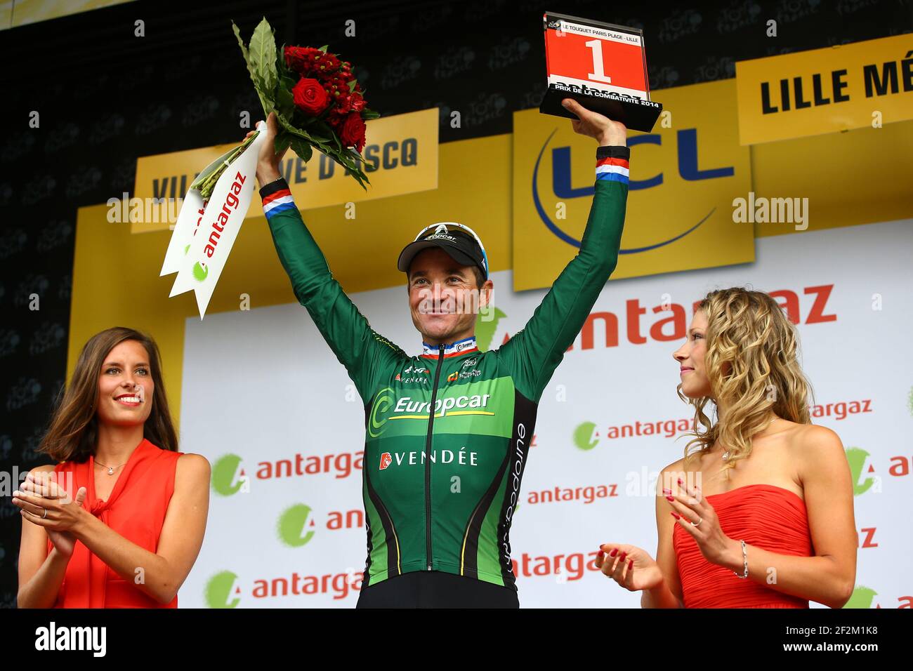 Thomas Voeckler of France riding for Team Europcar celebrates his  combativity prize on the podium during the Tour of France, UCI World Tour  2014, Stage 4, Le Touquet-Paris-Plage - Lille Metropole (163,5
