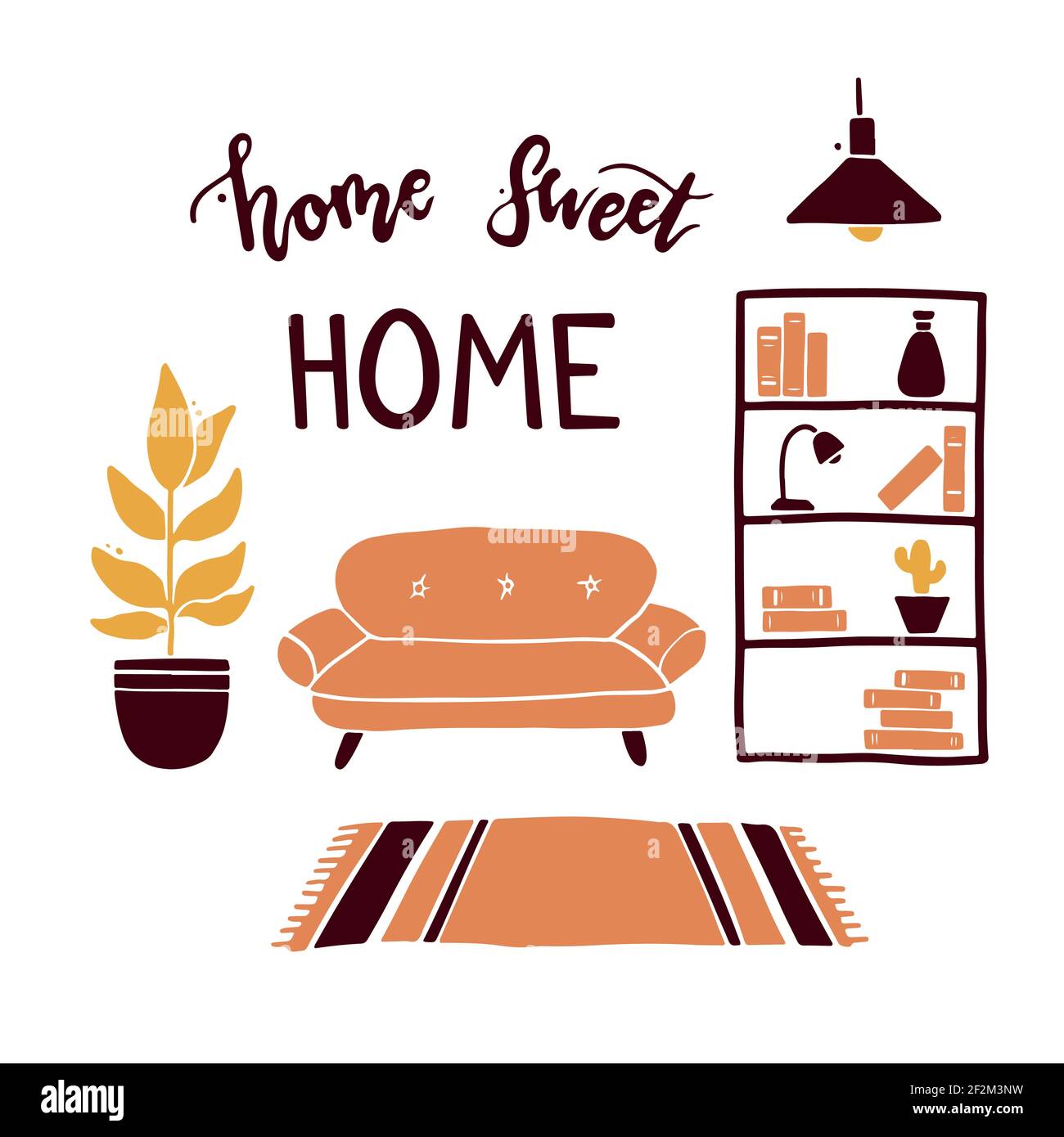 Lettering quote Home Sweet Home and living room with furniture