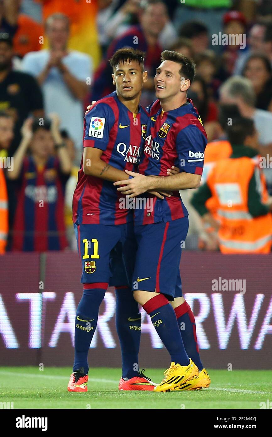 Lionel Messi Celebrates With Neymar Jr After Scoring His Sides Opening