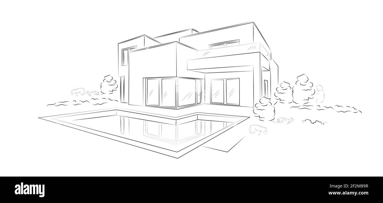 Linear architectural sketch modern detached house - vector illustration. Stock Vector