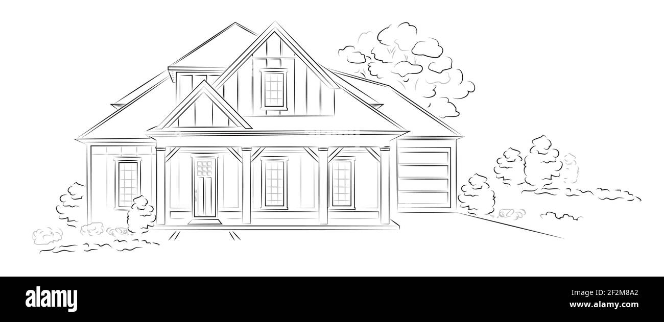 Vector Linear architectural sketch modern detached house Stock Vector
