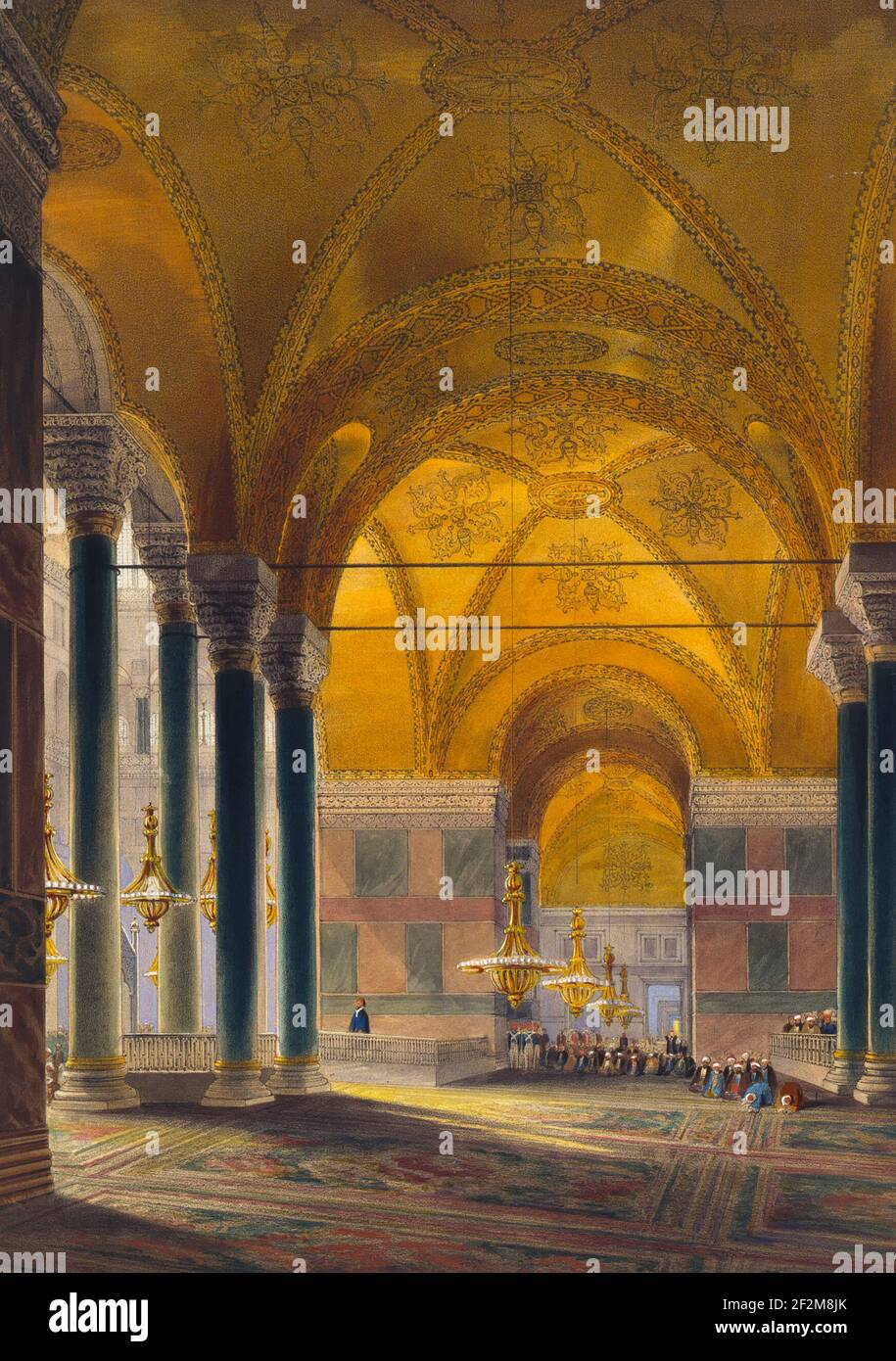 Print shows north nave of Ayasofya Mosque, formerly the Church of Hagia Sophia; with groups of men in traditional and military dress - Louis Haghe, Gaspare Fossati, 1852 Stock Photo