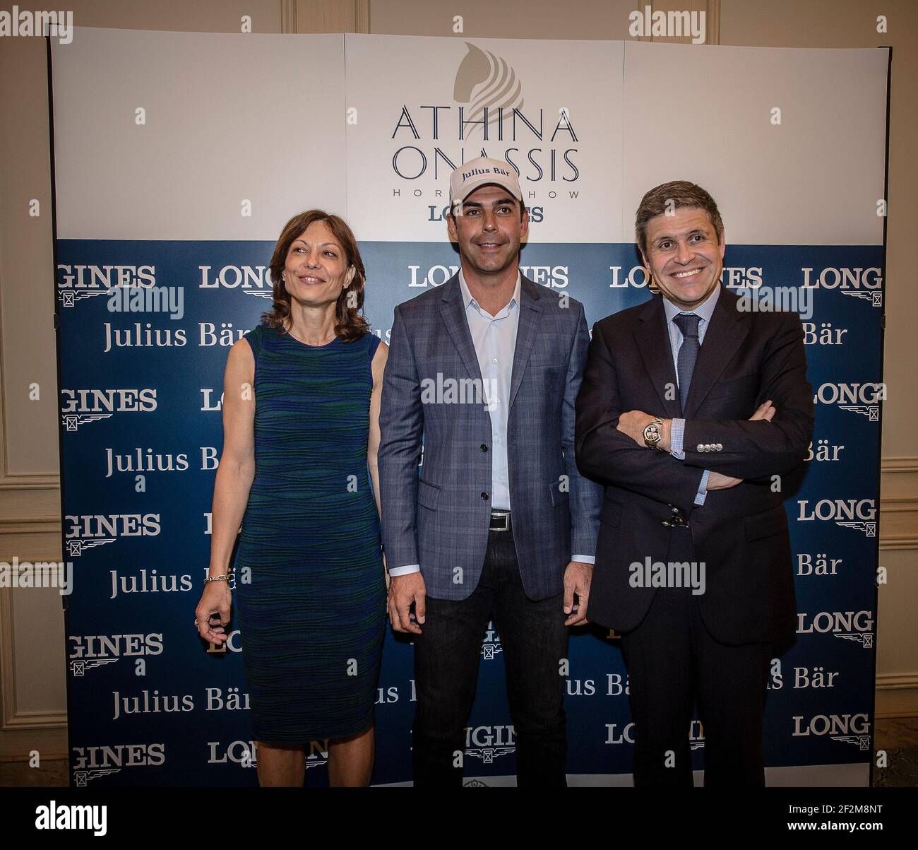 Mrs SQUECCO (JULIUS BEAR BANK), ALVARO DE MIRANDA (Rider) and MR JUAN-CARLOS CAPELLI (LONGINES INTERNATIONAL MARKETING DIRECTOR), during the Press conference at the Bristol hotel in Paris, France, on May 21, 2014 for the Longines Athina Onassis Horse Show in June 5th-7th in Pampelonne beach, Saint Tropez, France - Photo Christophe Bricot / DPPI Stock Photo