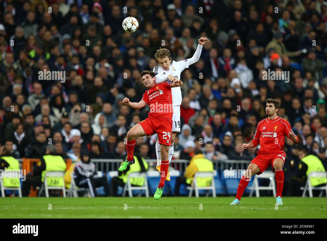 Luka Modric of Real Madrid CF duels for the ball with Joe Allen of Liverpool FC during the UEFA Champions League, Group B, football match between Real Madrid CF and Liverpool FC on November 4, 2014 at Santiago Bernabeu stadium in Madrid, Spain. Photo Manuel Blondeau / AOP Press / DPPI Stock Photo