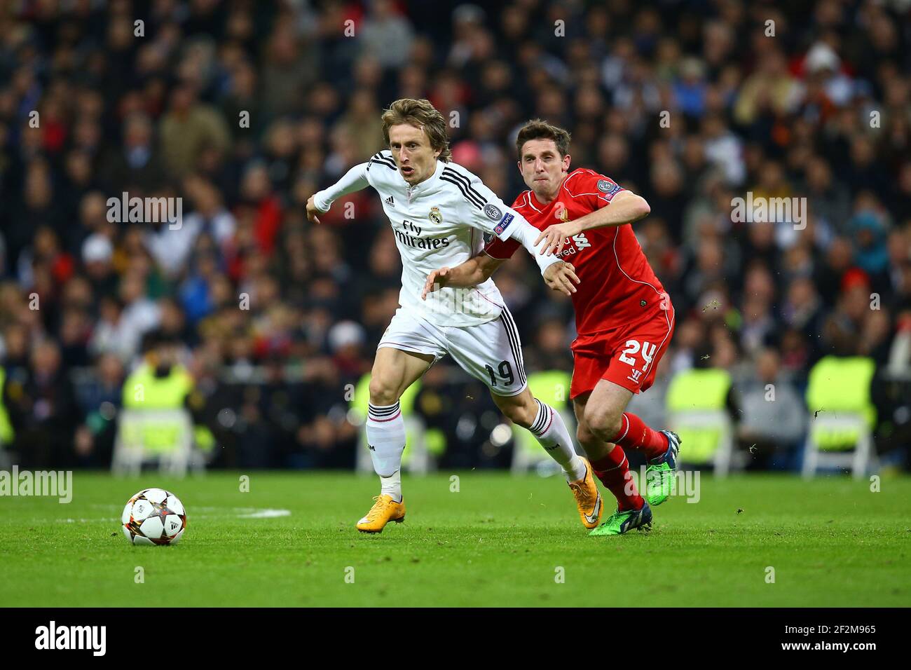 Luka Modric of Real Madrid CF duels for the ball with Joe Allen of Liverpool FC during the UEFA Champions League, Group B, football match between Real Madrid CF and Liverpool FC on November 4, 2014 at Santiago Bernabeu stadium in Madrid, Spain. Photo Manuel Blondeau / AOP Press / DPPI Stock Photo