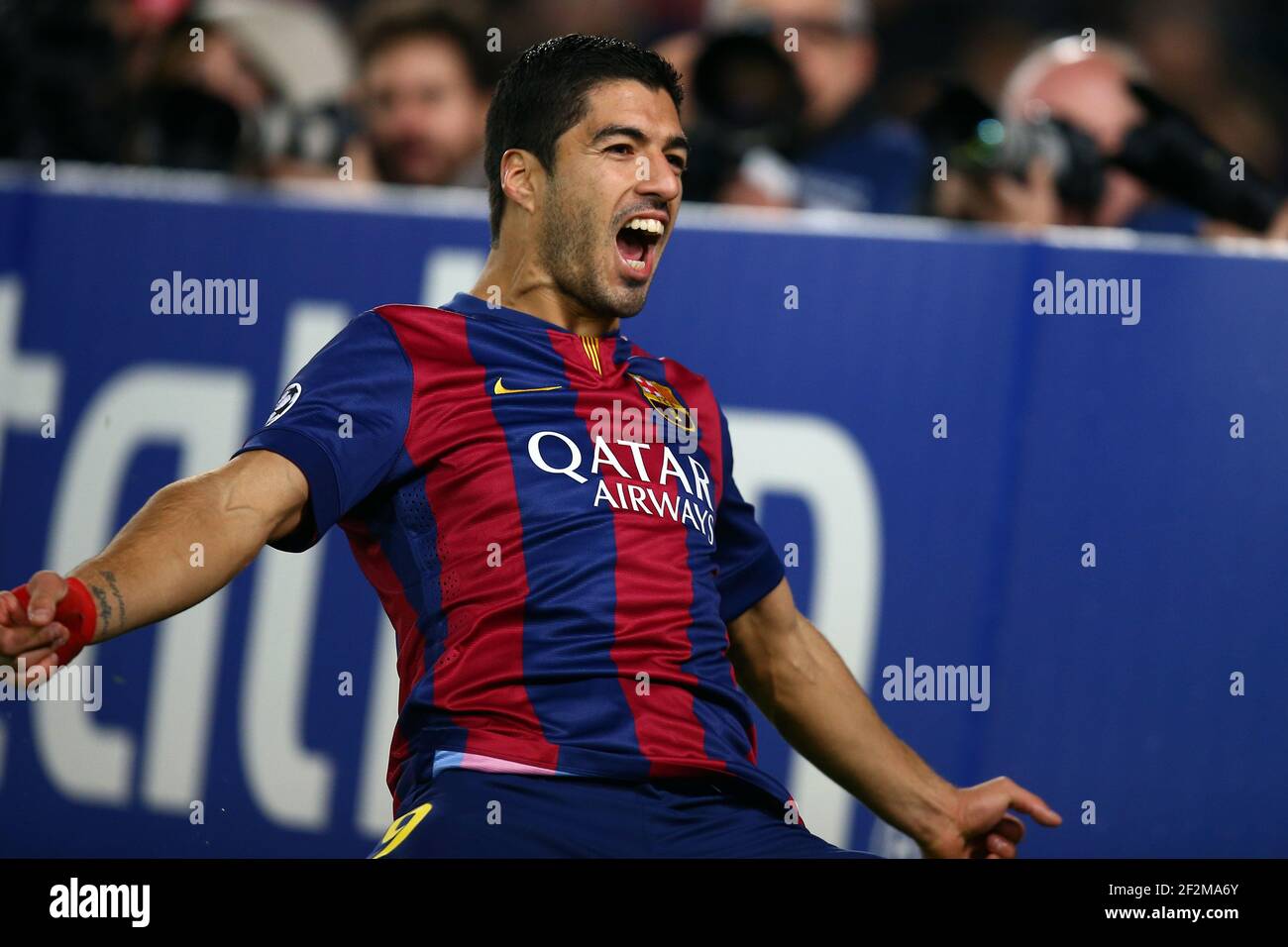 Luis Suarez of FC Barcelona celebrates after scoring his side's third goal during the UEFA Champions League, Group F, football match between FC Barcelona and Paris Saint Germain on December 10, 2014 at Camp Nou stadium in Barcelona, France. Photo Manuel Blondeau / AOP PRESS / DPPI Stock Photo