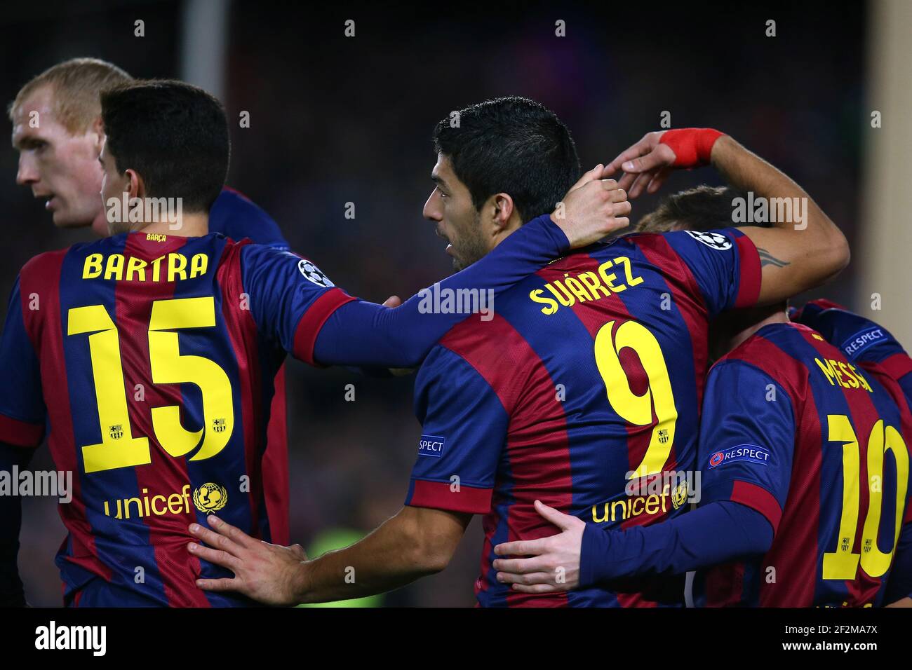 Luis Suarez of FC Barcelona celebrates with his teammates after scoring his side's third goal during the UEFA Champions League, Group F, football match between FC Barcelona and Paris Saint Germain on December 10, 2014 at Camp Nou stadium in Barcelona, France. Photo Manuel Blondeau / AOP PRESS / DPPI Stock Photo