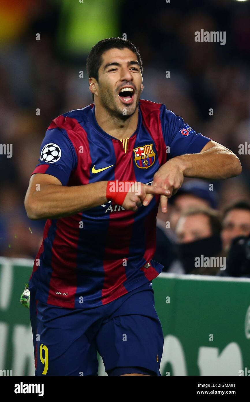 Luis Suarez of FC Barcelona celebrates after scoring his side's third goal during the UEFA Champions League, Group F, football match between FC Barcelona and Paris Saint Germain on December 10, 2014 at Camp Nou stadium in Barcelona, France. Photo Manuel Blondeau / AOP PRESS / DPPI Stock Photo