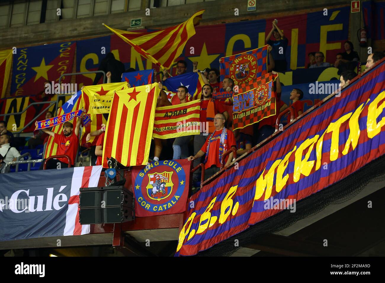 Fans of FC Barcelona show their support during the Euroleague basketball  match between FC Barcelona and Fenerbahce Ulker, at Palau Blaugrana in  Barcelona, Spain, on December 11, 2014. Photo Manuel Blondeau /