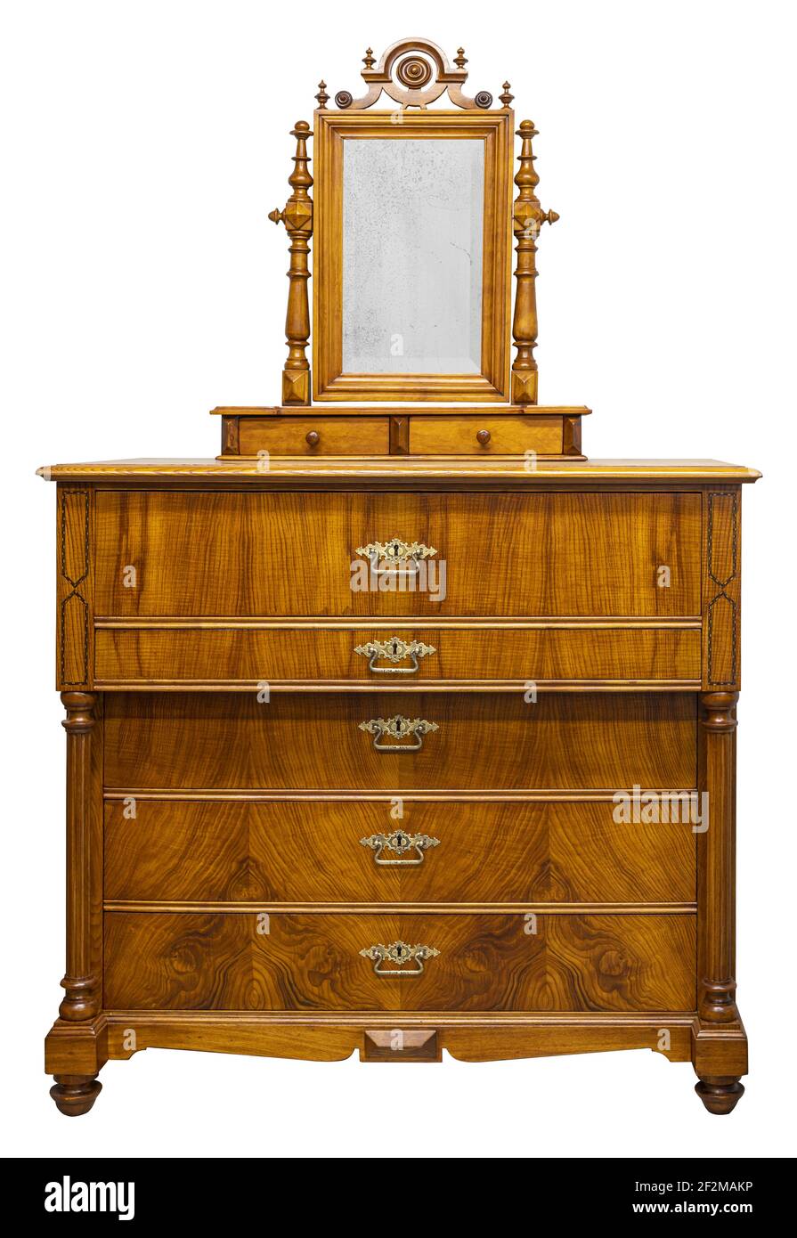 Old vintage antique chest of drawers with a mirror on a white