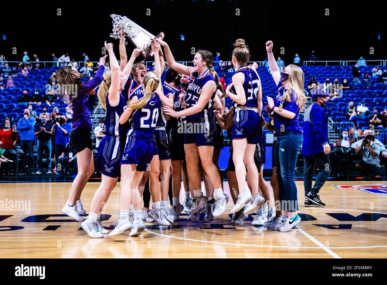 San Antonio, Texas, USA. 11th Mar, 2021. Canyon celebrates winning the UIL Texas class 4A state final between against Hardin-Jefferson 56-55 at the Alamodome in San Antonio Texas, on March 11, 2021. Credit: Matthew Smith/ZUMA Wire/Alamy Live News Stock Photo