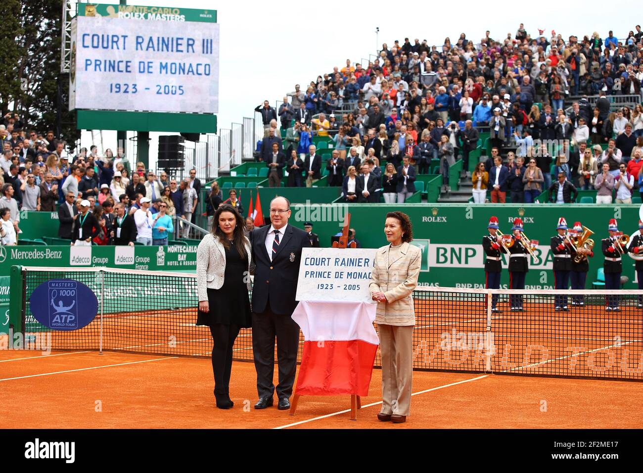 Melanie de Massy (L), Prince Albert II of Monaco and Elisabeth-Anne de Massy (R) inaugurate the Court Rainier III before The ATP Monte-Carlo Rolex Masters 2015 Final, at Monte-Carlo Country Club in