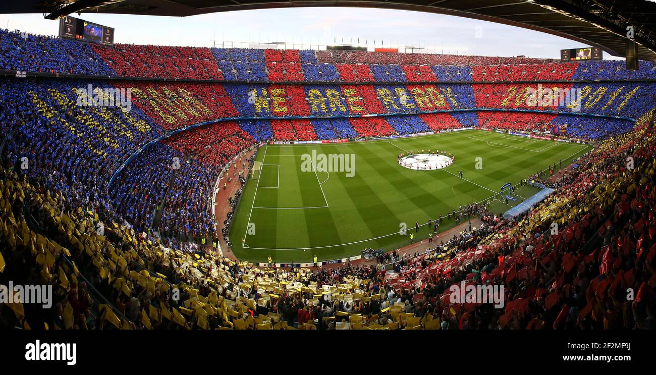 General view of the Camp Nou Stadium as supporters of FC Barcelona raise a  tifo before the UEFA Champions League semi-final first leg match, between  FC Barcelona and Bayern Munchen on May