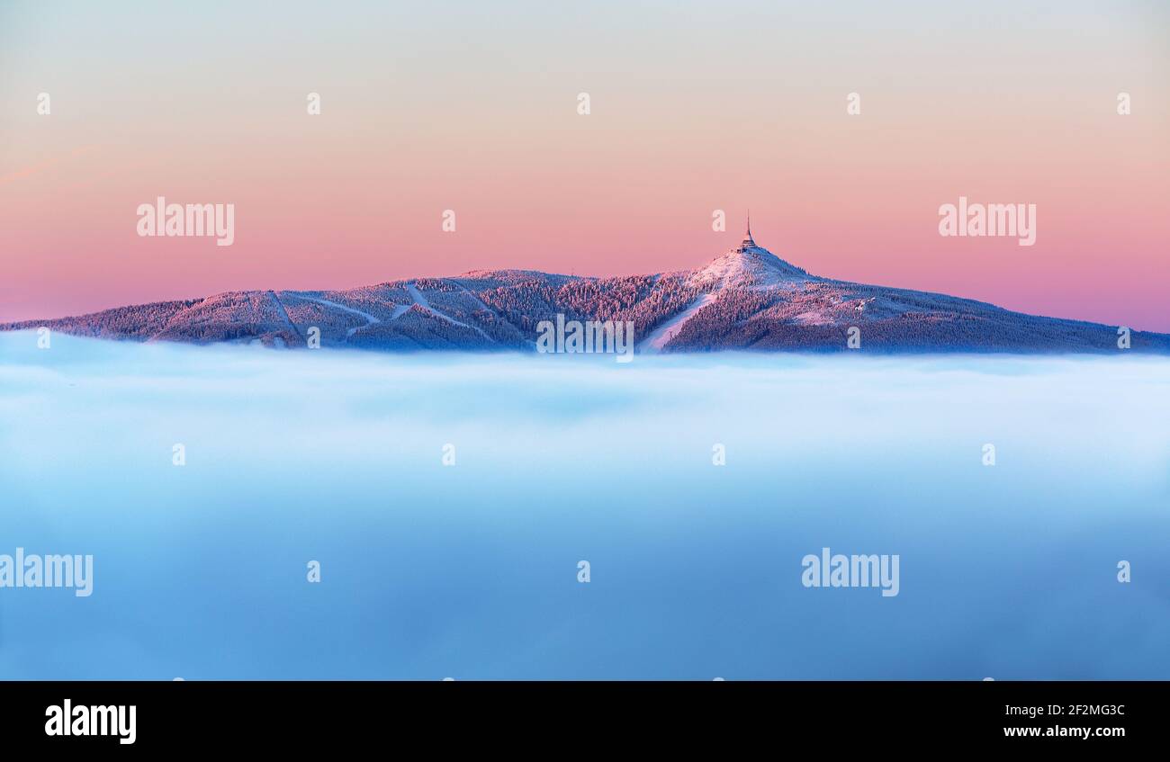 Sunrise and sunset at Liberec with inversion, the best photo. Stock Photo