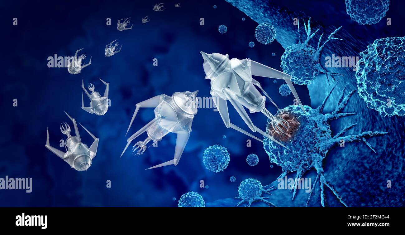 Nanotechnology medical treatment and future medicine concept as a group of microscopic nano robots or nanobots programmed to kill cancer cells. Stock Photo