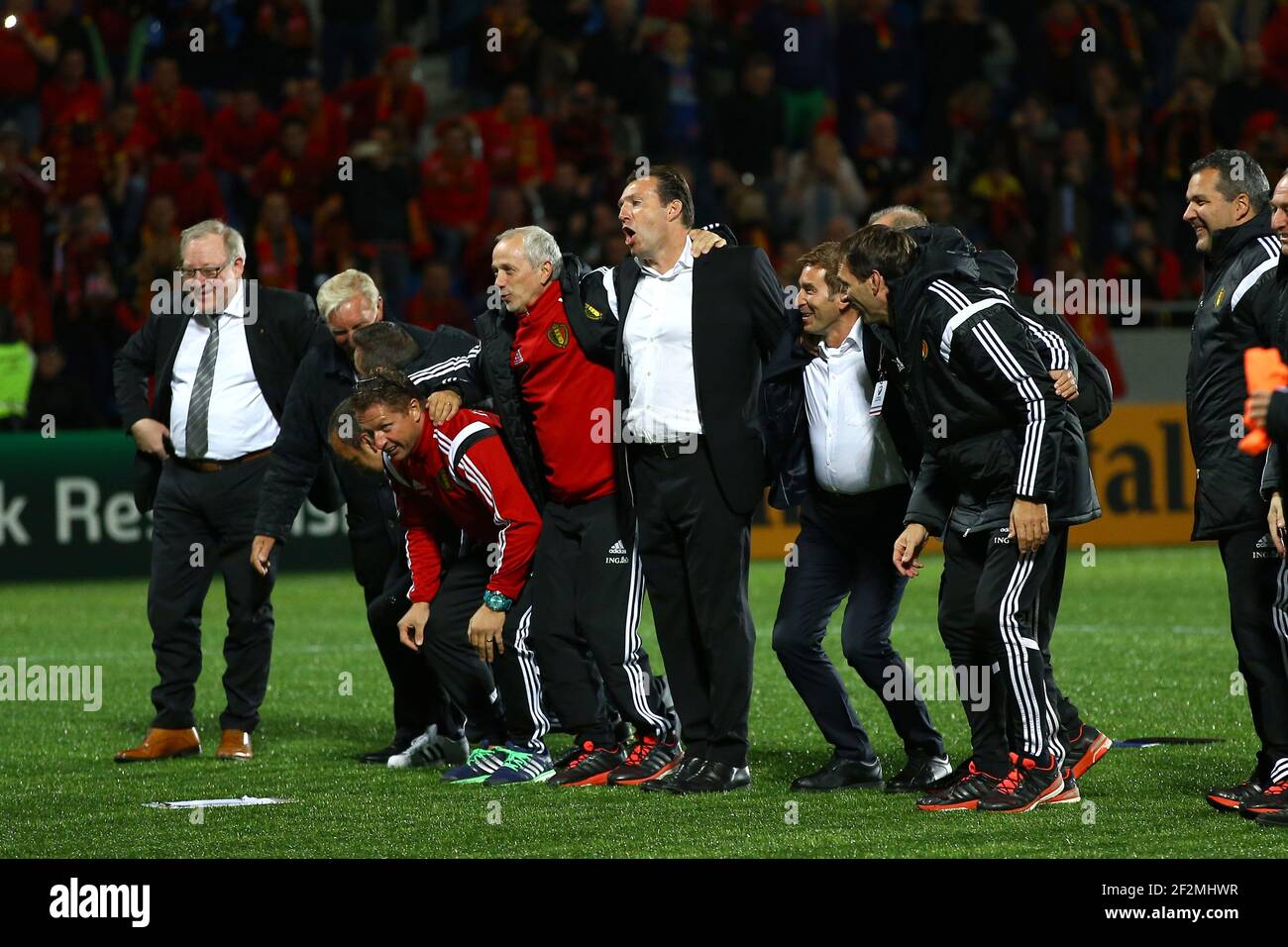 Head Coach Marc Wilmots of Belgium (center) and staff members