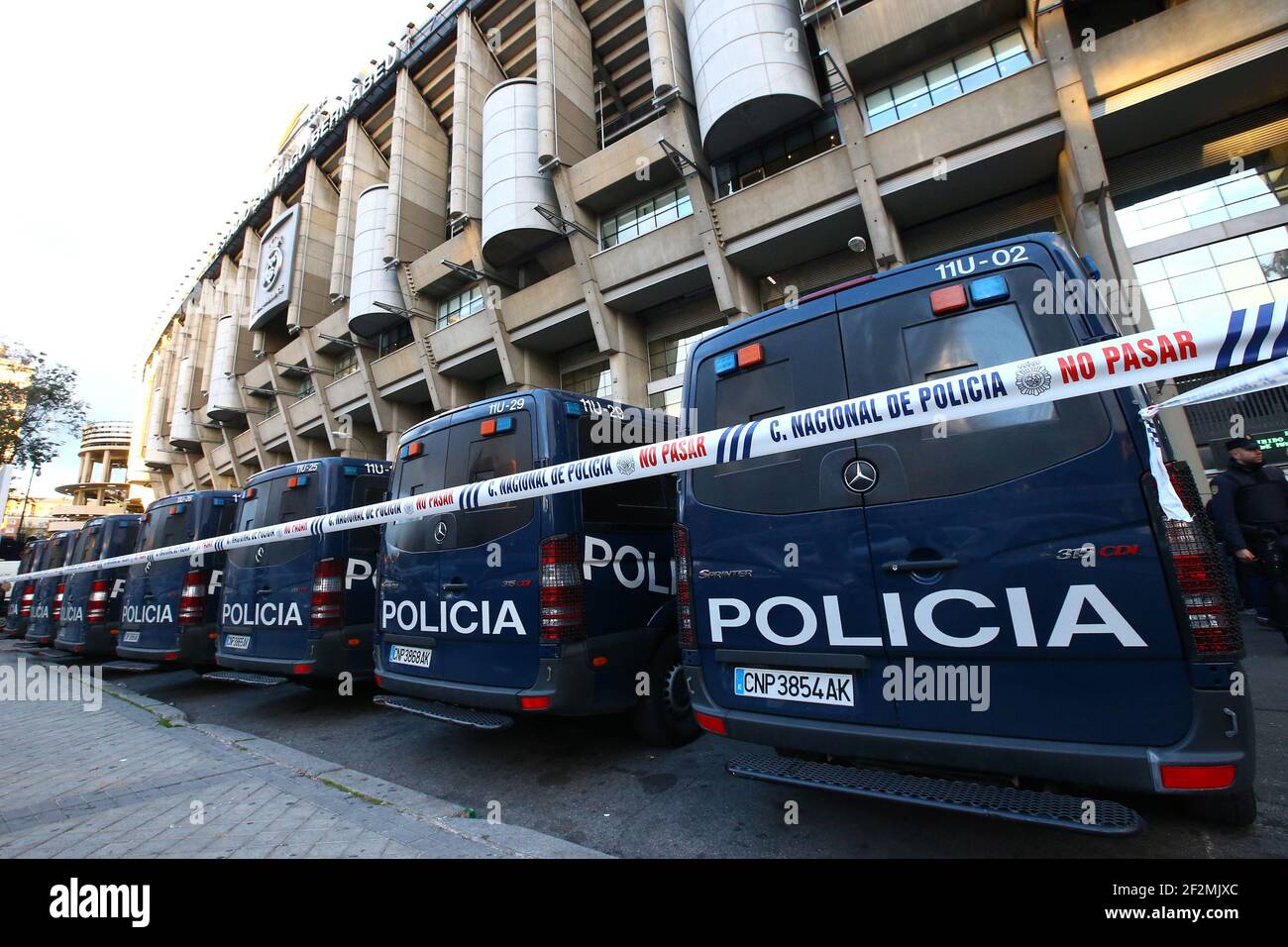 Police cars are pictured outside the Santiago Bernabeu stadium during tight security ahead of the Spanish Championship Liga football match between Real Madrid CF and FC Barcelona on November 21, 2015 at Santiago Bernabeu stadium in Madrid, Spain. Photo: Manuel Blondeau/AOP Press/DPPI Stock Photo