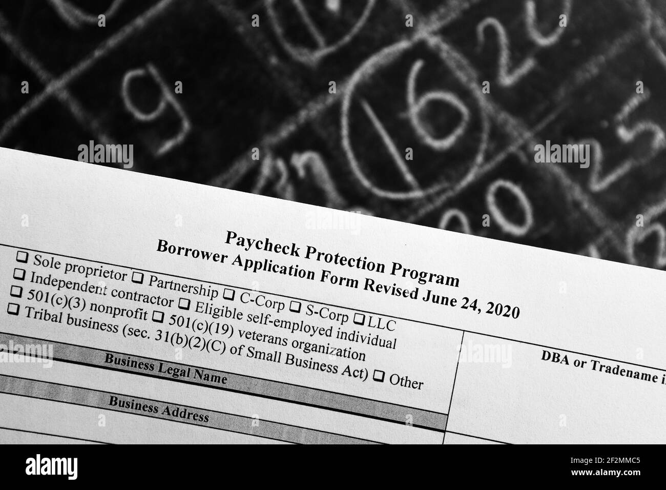 selective focus monochrome photo of paycheck protection program borrower application form revised, on a background of chalk board with numbers Stock Photo