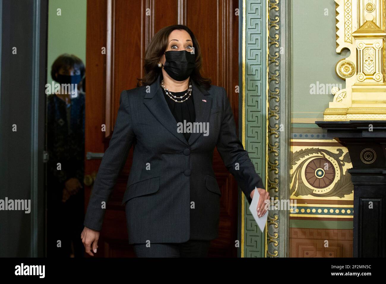 US Vice President Kamala Harris enters to ceremonially swear-in Cecilia Rouse (Back) as Chair of the Council of Economic Advisers (CEA), in the Eisenhower Executive Office Building at the White House complex in Washington, DC, USA, 12 March 2021.Credit: Michael Reynolds/Pool via CNP /MediaPunch Stock Photo