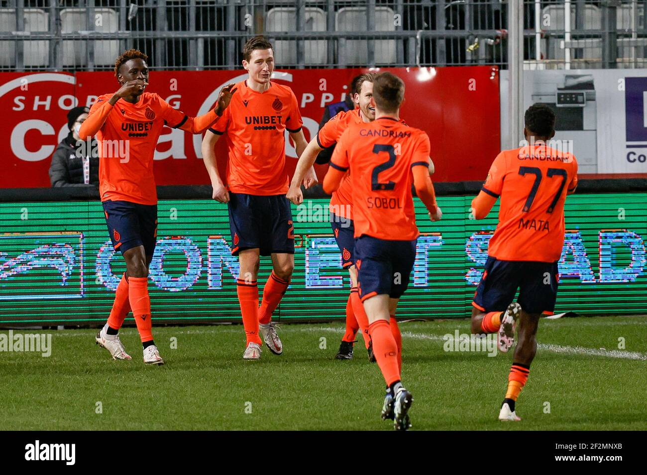 Club's players celebrate during a postponed soccer match between Sporting Charleroi and Club Brugge KV, Friday 12 March 2021 in Charleroi, of day 26 o Stock Photo