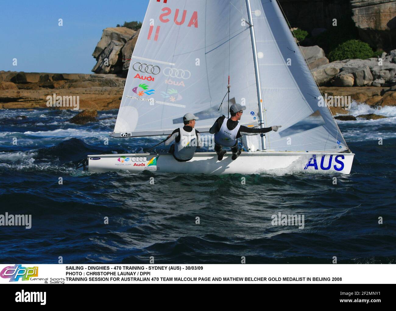 SAILING - DINGHIES - 470 TRAINING - SYDNEY (AUS) - 30/03/09 PHOTO : CHRISTOPHE LAUNAY / DPPI TRAINING SESSION FOR AUSTRALIAN 470 TEAM MALCOLM PAGE AND MATHEW BELCHER GOLD MEDALIST IN BEIJING 2008 Stock Photo