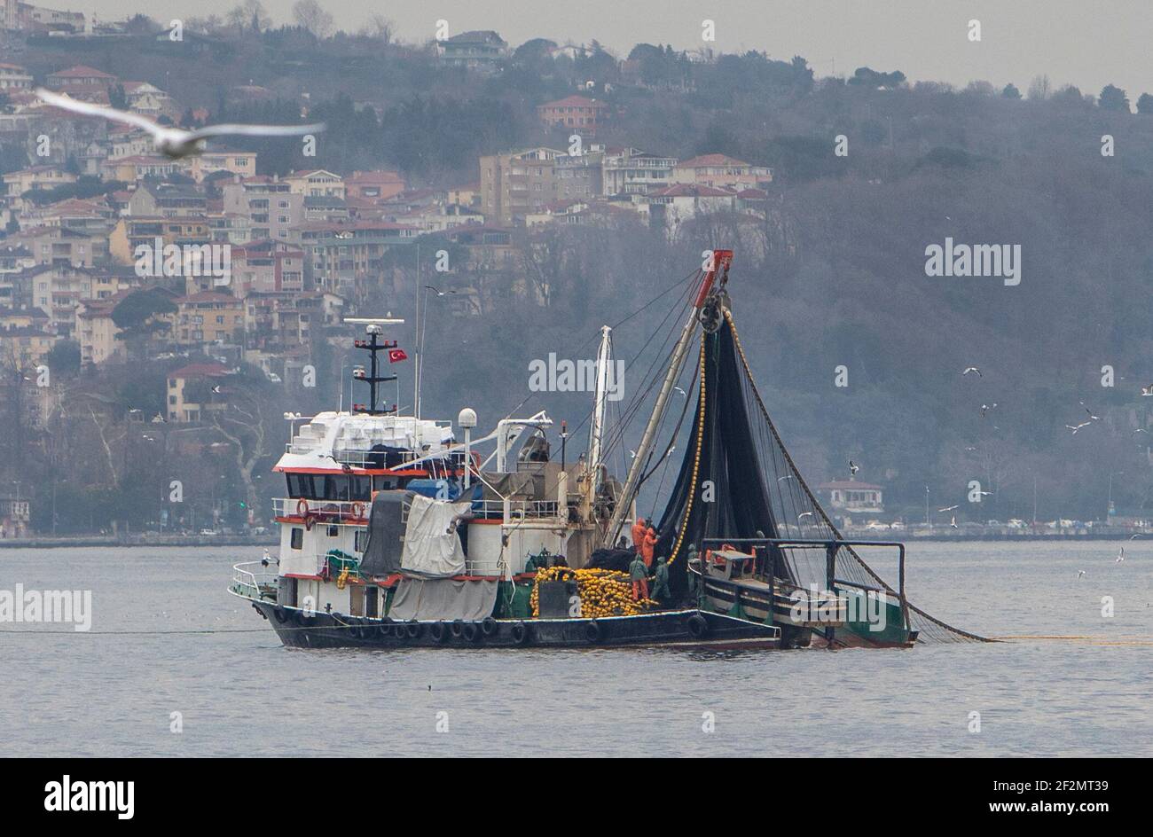 (210312) -- ISTANBUL, March 12, 2021 (Xinhua) -- A fishing boat is seen on the Black Sea in Istanbul, Turkey, on March 6, 2021. The Black Sea is packed with local bottom fishes, including haddock, mullet, and turbot. There are also migrating fishes from the Atlantic Sea, such as bonito, bluefish, anchovy, and horse-mackerel. However, climate change, overfishing, and other natural causes have had tremendous adverse impacts on the stocks of fisheries and aquaculture. Restrictions related to the COVID-19 pandemic, as well as the rising costs of labor, fuel, and equipment also preoccupy the fisher Stock Photo