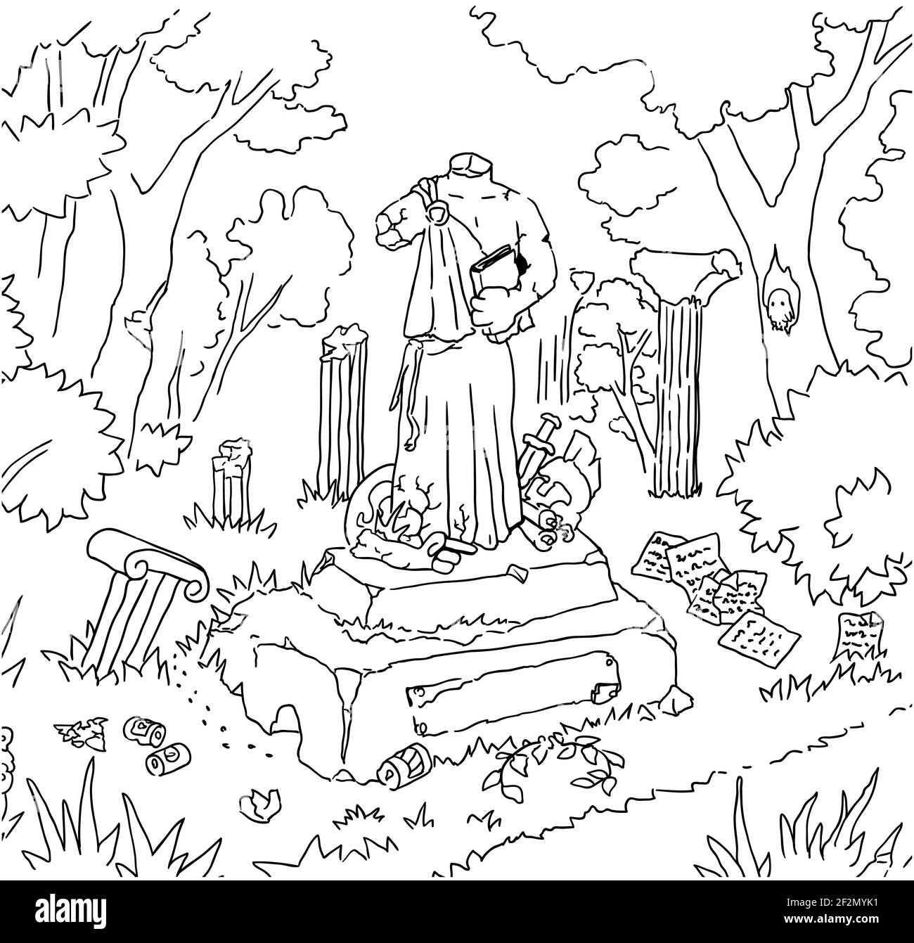 Park old statue scene line drawing, vector, horizontal, black and white Stock Vector