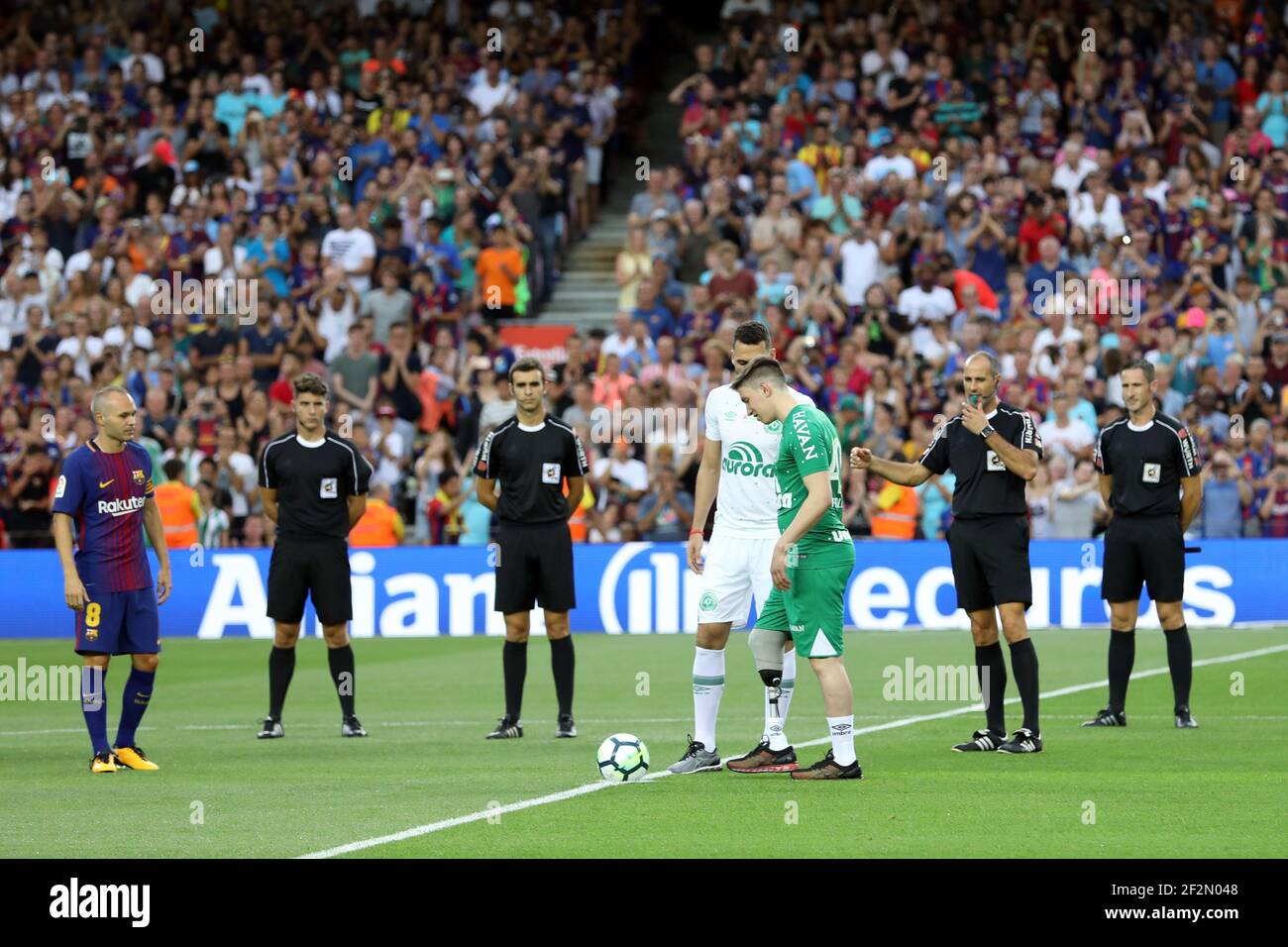 Plane crash survivors Jakson Follmann with prosthetic leg and Neto of Chapecoense give the kick off ahead of the 2017 Joan Gamper Trophy football match between FC Barcelona and Chapecoense on August 7, 2017 at Camp Nou stadium in Barcelona, Spain - Photo Manuel Blondeau / AOP Press / DPPI Stock Photo