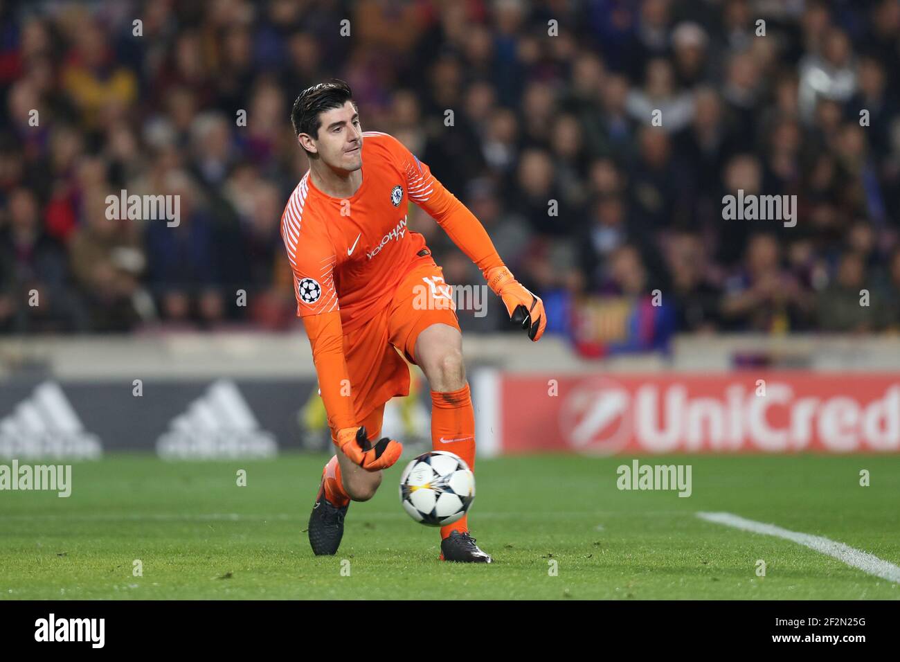 Thibaut Courtois Of Chelsea Fc During The Uefa Champions League Round Of 16 2nd Leg Football Match Between Fc Barcelona And Chelsea Fc On March 14 18 At Camp Nou Stadium In Thibaut Courtois Of Chelsea Fc During The Uefa Champions League Round Of 16 2nd Leg Football Match Between Fc Barcelona And Chelsea Fc On March 14 18 At Camp Nou Stadium In