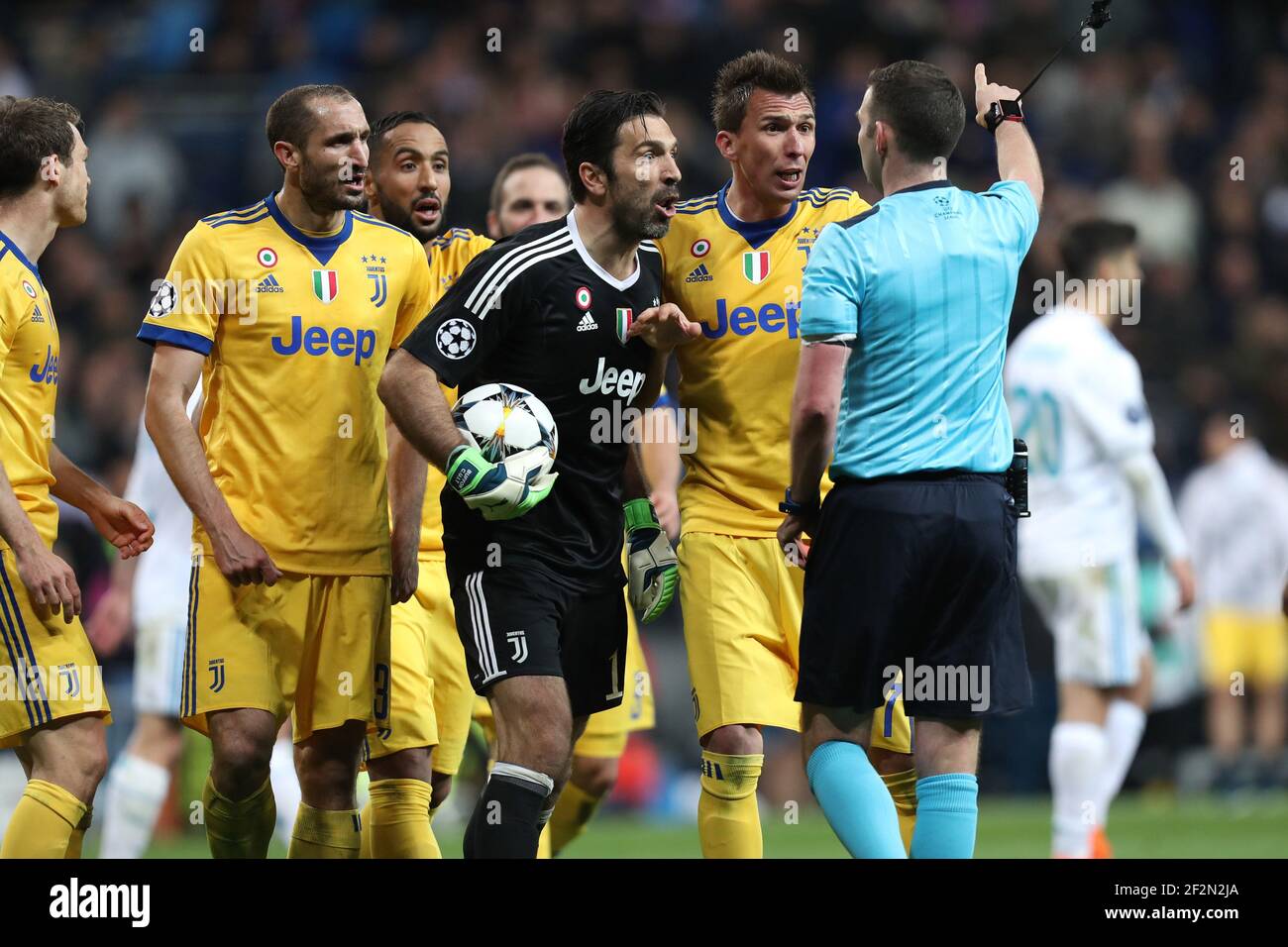 GIANLUIGI BUFFON of Juventus argues with referee MICHAEL OLIVER after receiving a red card during the UEFA Champions League, quarter final, 2nd leg football match between Real Madrid CF and Juventus FC on April 11, 2018 at Santiago Bernabeu stadium in Madrid, Spain - Photo Manuel Blondeau / AOP Press / DPPI Stock Photo