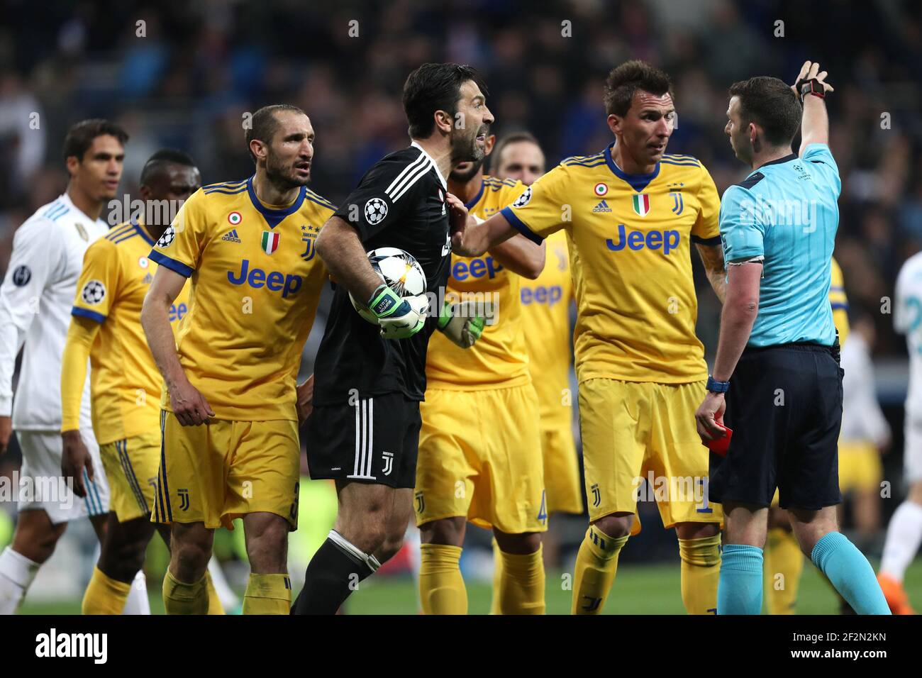 GIANLUIGI BUFFON of Juventus argues with referee MICHAEL OLIVER after receiving a red card during the UEFA Champions League, quarter final, 2nd leg football match between Real Madrid CF and Juventus FC on April 11, 2018 at Santiago Bernabeu stadium in Madrid, Spain - Photo Manuel Blondeau / AOP Press / DPPI Stock Photo