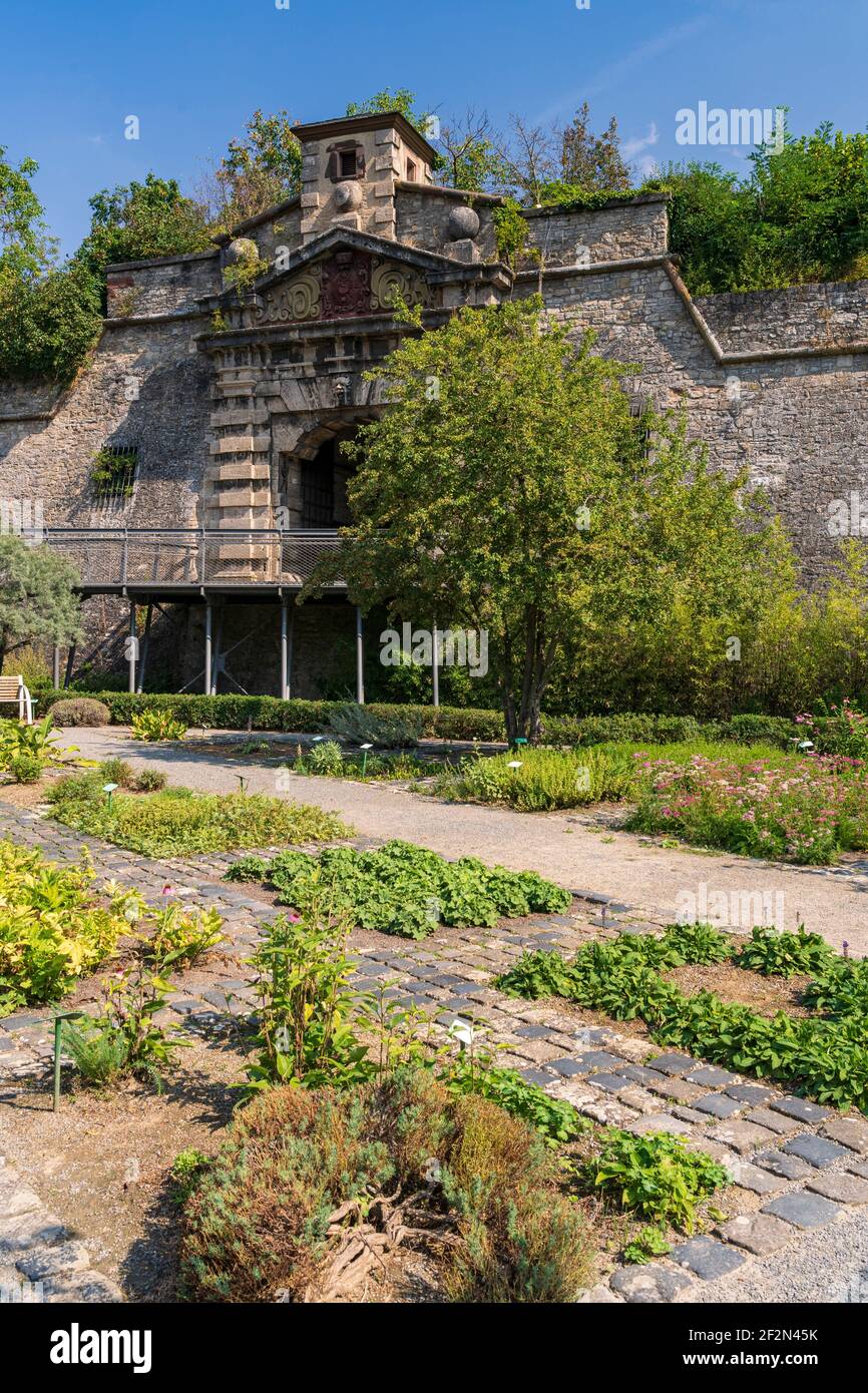 The Zeller Tor on the old garden show grounds in Würzburg below the Marienberg Fortress, Lower Franconia, Franconia, Bavaria, Germany Stock Photo