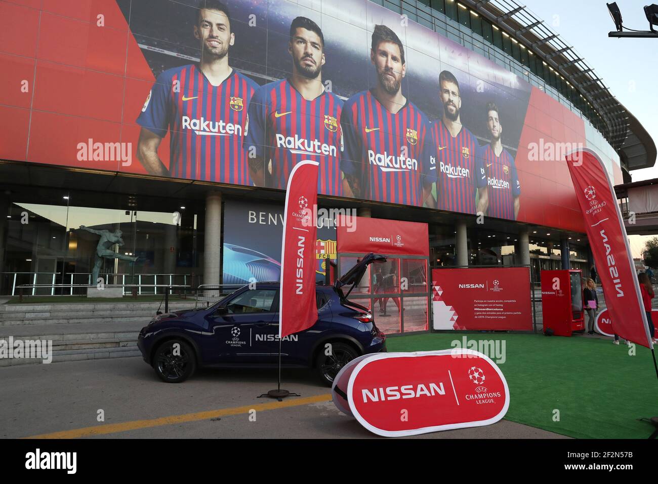 The UEFA Champions League logo and the Nissan logo (one of the official  sponsor) are seen outside the Camp Nou Stadium prior to the UEFA Champions  League, Group B football match between