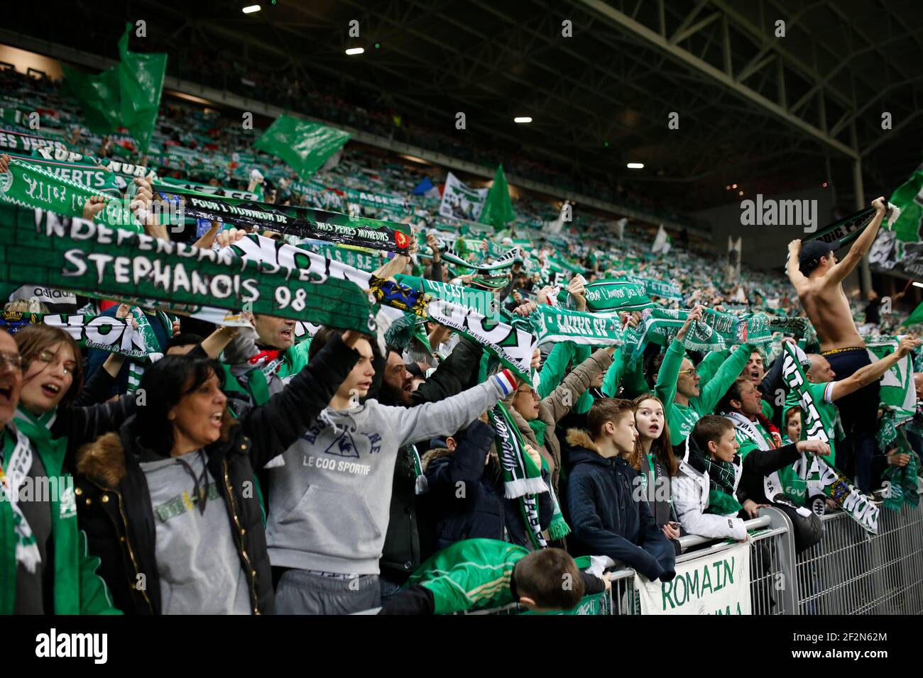 Saint Etienne supporters cheer during the UEFA Europa League football match between AS Saint-Etienne and Manchester United on February 22, 2017 at Geoffroy-Guichard Stadium in Saint-Etienne, France - Photo Benjamin Cremel / DPPI Stock Photo
