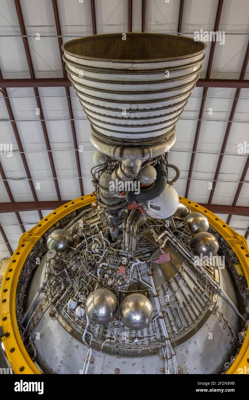 Rocketdyne J-2 engine on the Third stage of the Saturn V rocket at NASA Johnson Space Center, Houston Stock Photo