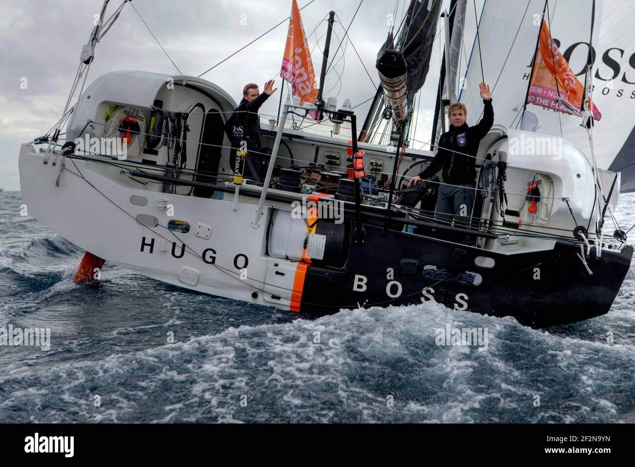 SAILING - BARCELONA WORLD RACE 2010-2011 - BARCELONA (SPA) - START - 31/12/2010 - PHOTO : CHRISTOPHE LAUNAY / DPPI - HUGO BOSS - Wouter Verbraak (NL) and Andy Meiklejohn (NZL) Stock Photo