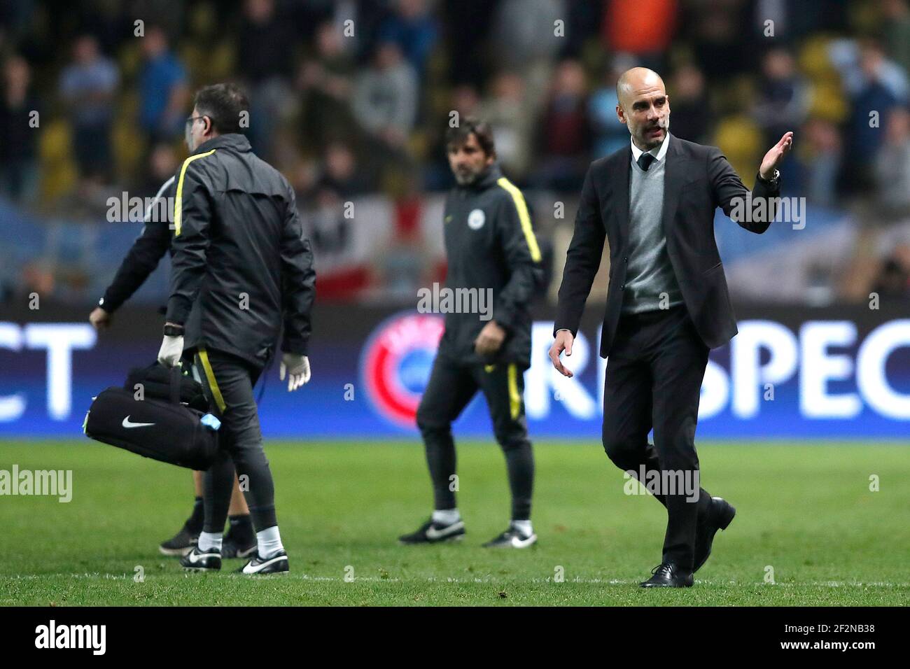 Manchester City S Spanish Manager Pep Guardiola Gestures After The Uefa Champions League Football Match Between As Monaco And Manchester City On March 15 17 At Louis Ii Stadium In Monaco Photo