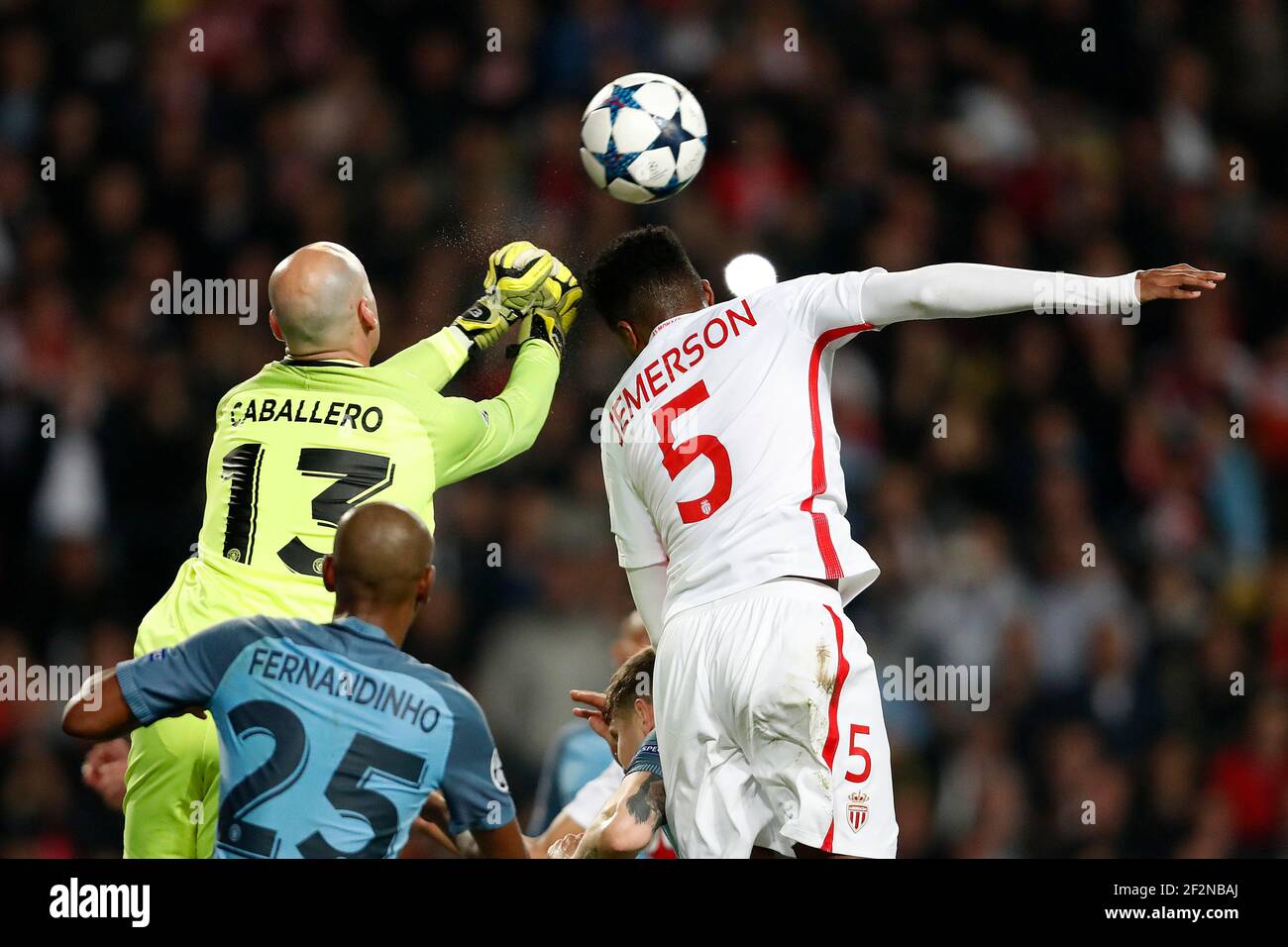 Manchester City's Argentinian goalkeeper Willy Caballero punches the ball during the UEFA Champions League football match between AS Monaco and Manchester City on March 15, 2017 at Louis II stadium in Monaco - Photo Benjamin Cremel / DPPI Stock Photo