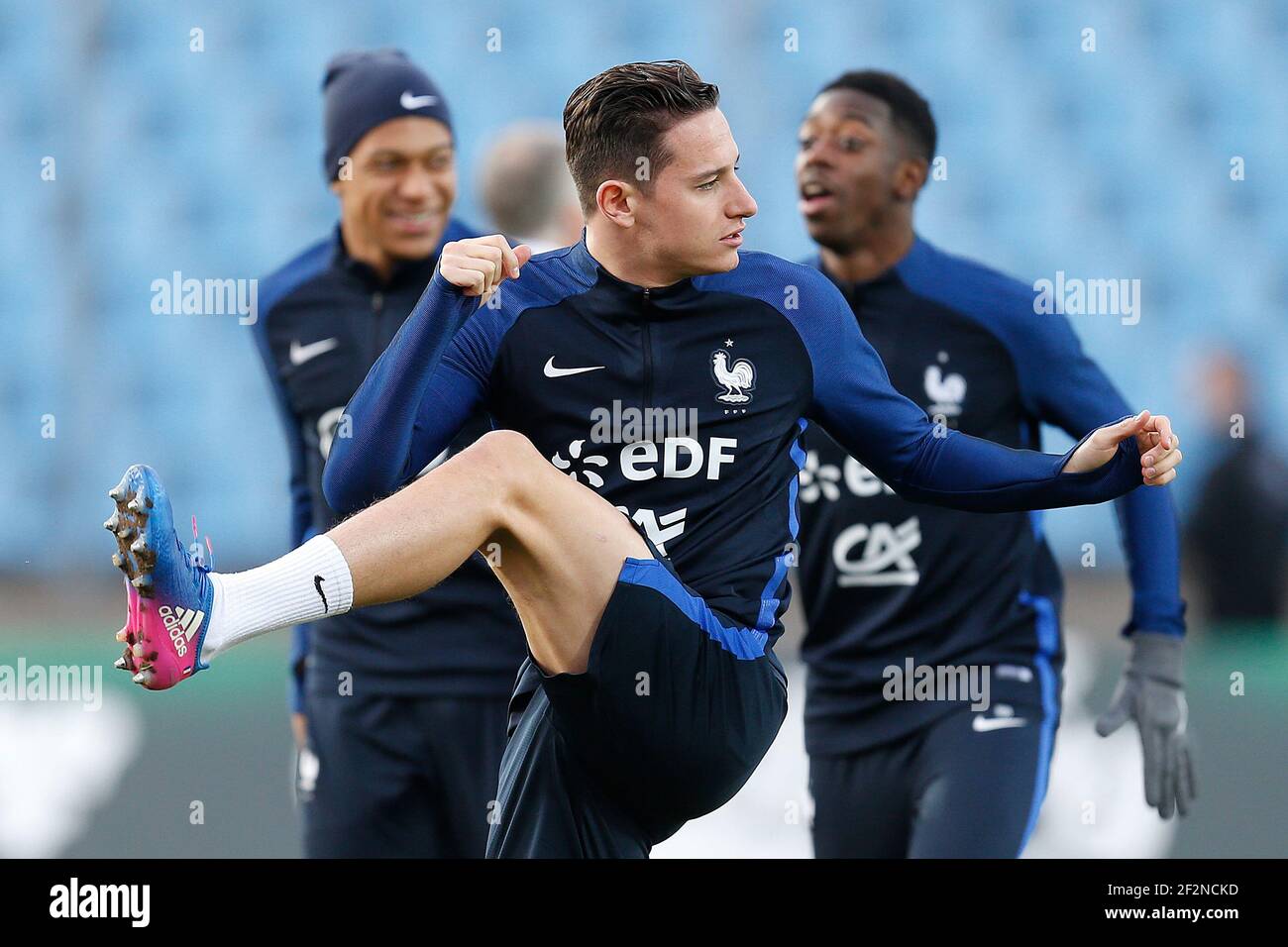 France's forward Florian Thauvin gestures during the training of Team of  France before the FIFA World Cup 2018 qualifying football match between  Luxembourg and France on March 24, 2017 at Josy Barthel