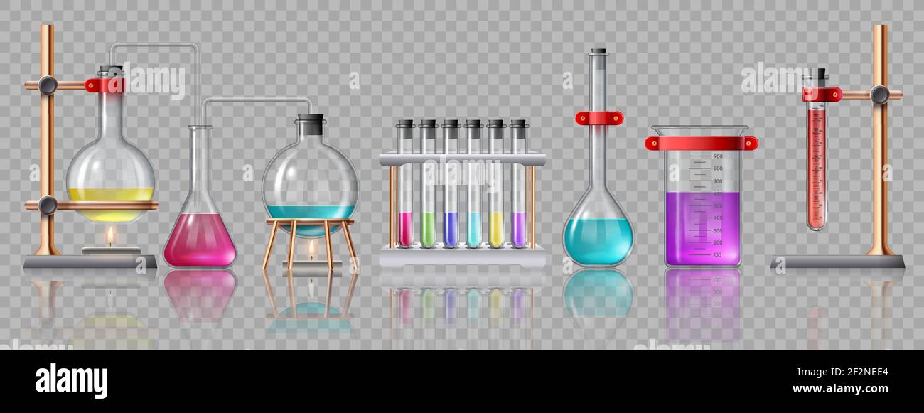 Realistic laboratory equipment. Glass tubes, flasks, burner and beaker with chemicals on holders