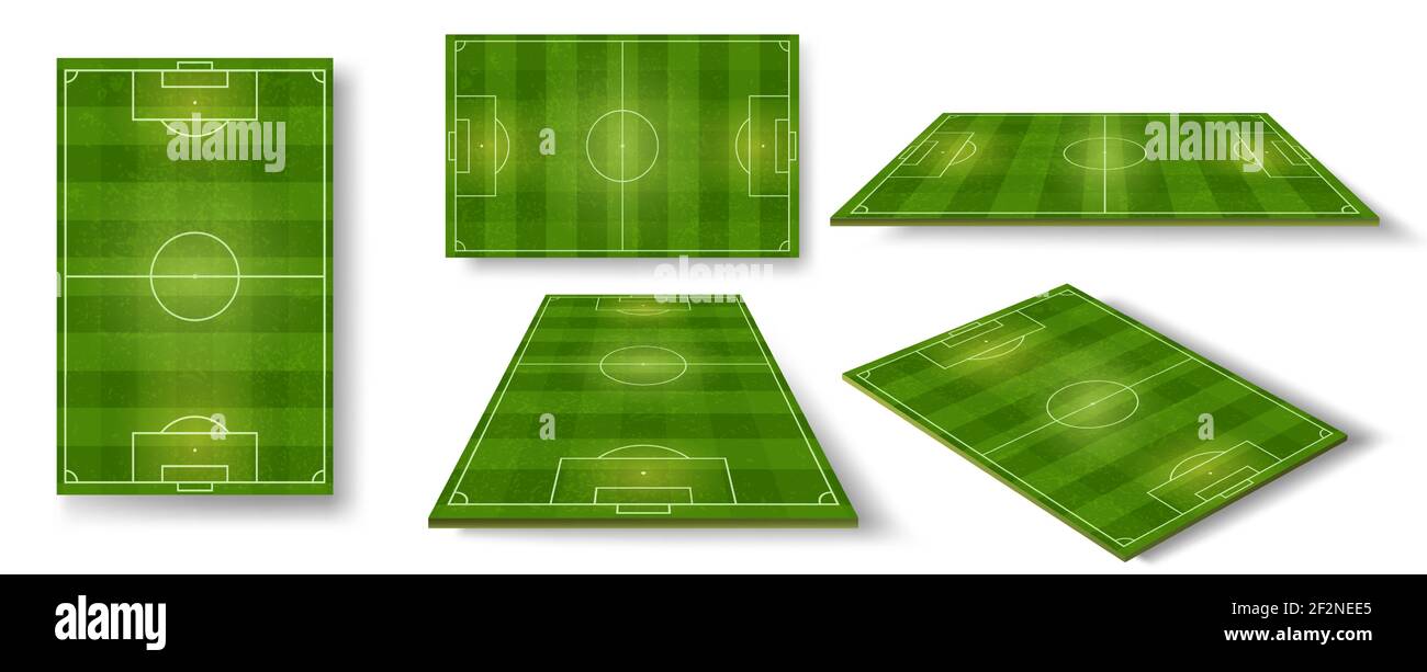 Football field. Soccer pitch scheme top, side and perspective view. Realistic european football court or stadium with green grass vector set Stock Vector