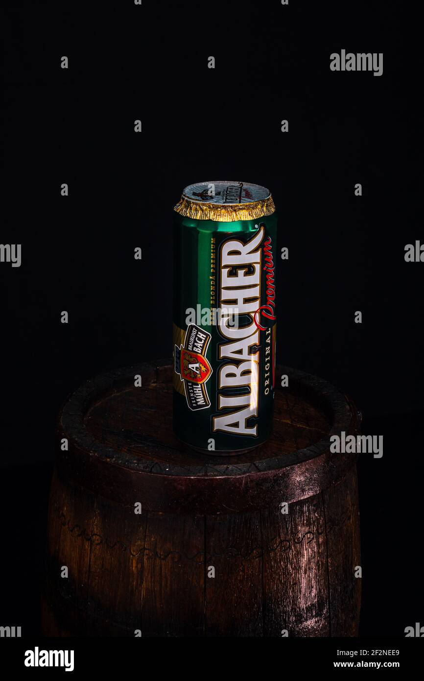 Can of Albacher beer on beer barrel with dark background. Illustrative ...