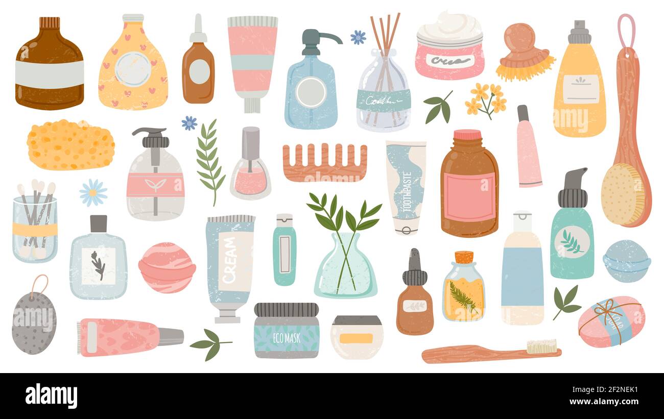 Flat hygiene and beauty products. Cosmetic bottles and tubes, bath accessories, lotion, shampoo, oil and scrub. Organic skin care vector set Stock Vector