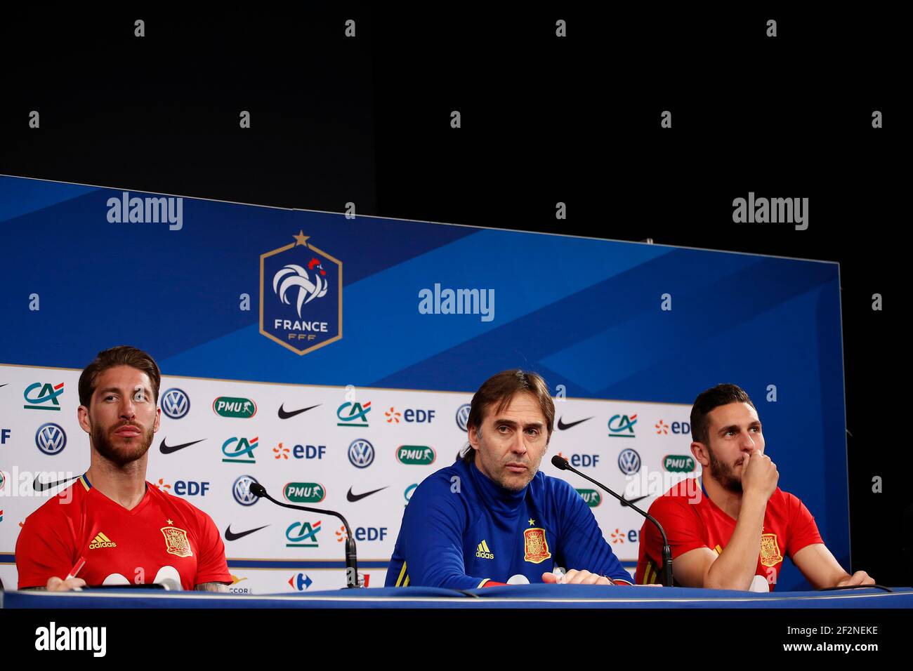 Spain's coach Julen Lopetegui flanked Spain's defender Sergio Ramos and Spain's midfielder Jorge Koke delivers a speech during the Press Conference of the Team of Spain and Training on March 27, 2017 at Stade de France in Saint-Denis, France - Photo Benjamin Cremel / DPPI Stock Photo